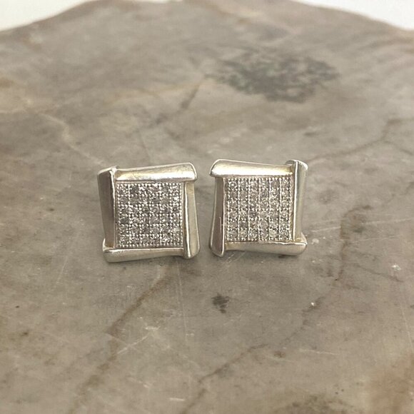 Sterling Silver 925 JTW Multistone Pave Round Diamond Square Stud Post Earrings - Picture 12 of 16